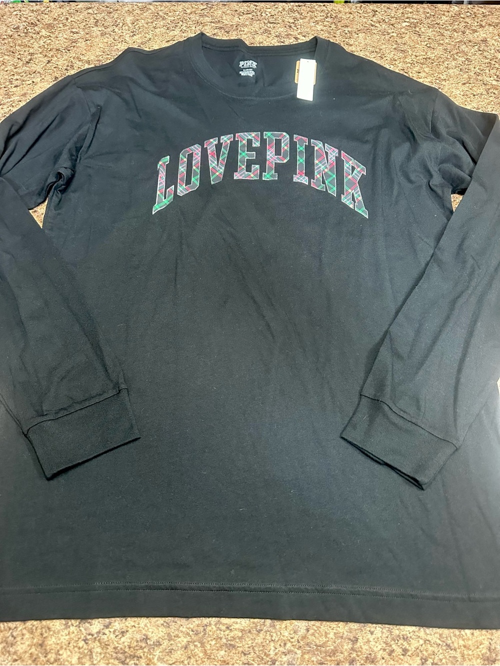 NWT PINK Victoria's Secret Black Long-Sleeve Tee with Multicolor LOVE PINK